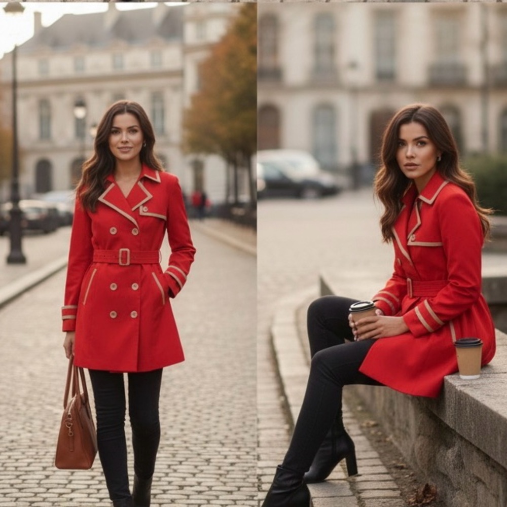 Tan and Red Trench Coat with Timeless Elegance